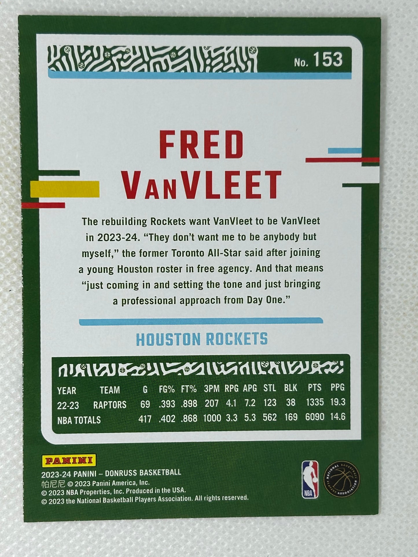 2023-24 Panini Donruss Fred VanVleet #153 Houston Rockets Signed Card
