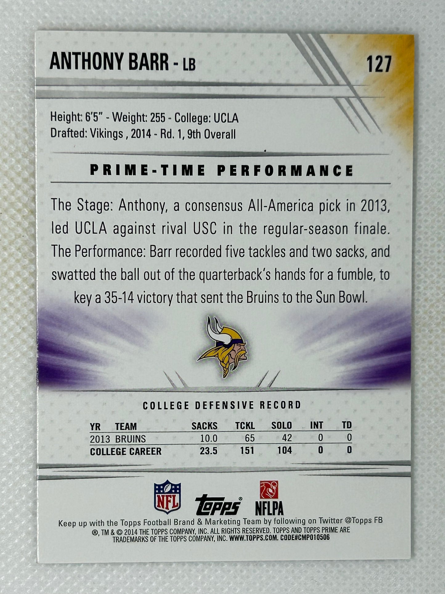 2014 Topps Prime #127 Anthony Barr Rookie Card Minnesota Vikings