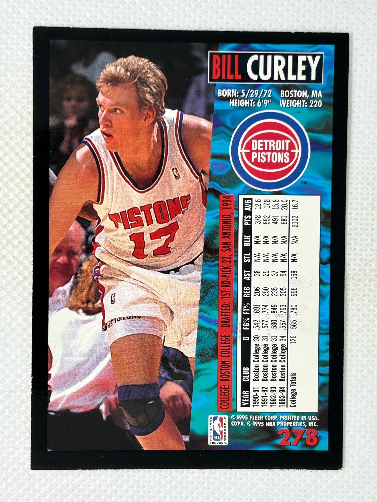 1994-95 Fleer Bill Curley #278 Rookie Card Detroit Pistons Signed Card