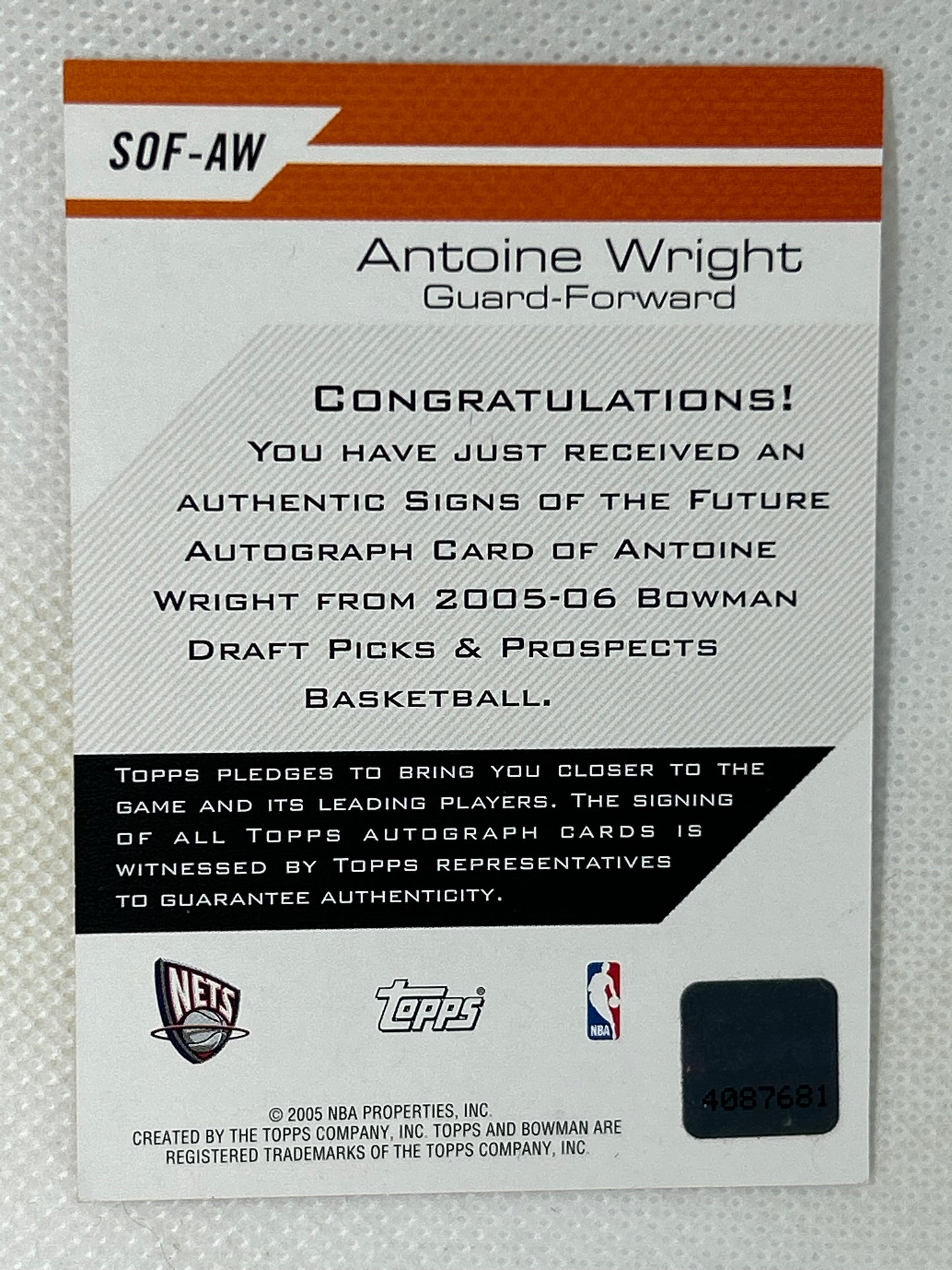 2005-06 Bowman Draft Signs of the Future Antoine Wright Rookie Autograph #SOF-AW New Jersey Nets