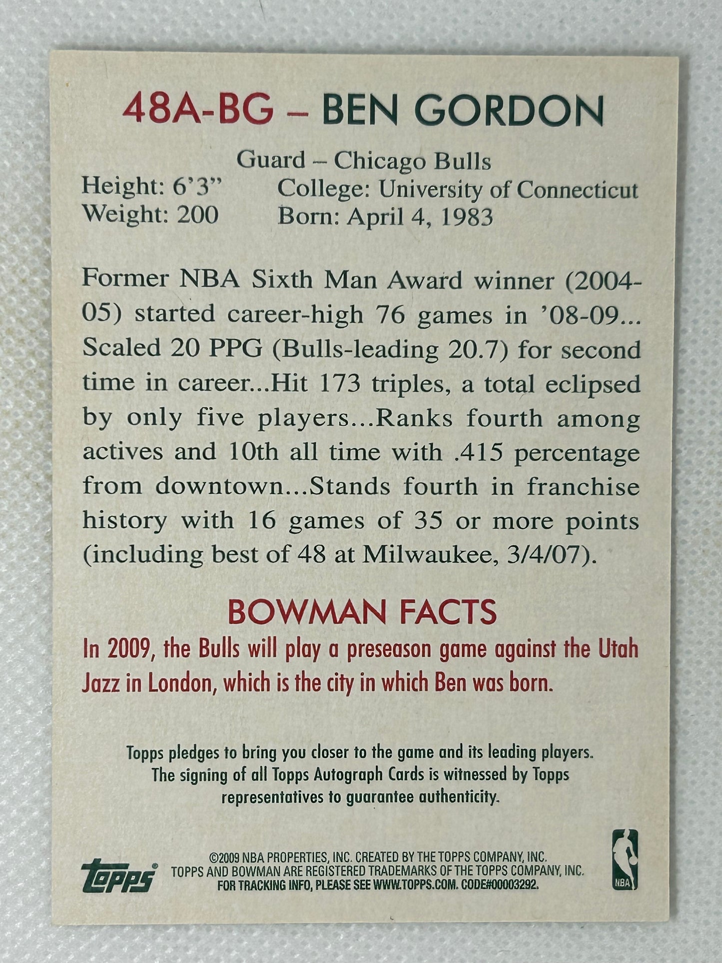 2009-10 Topps Bowman Ben Gordon Authentic Autograph 48A-BG Chicago Bulls