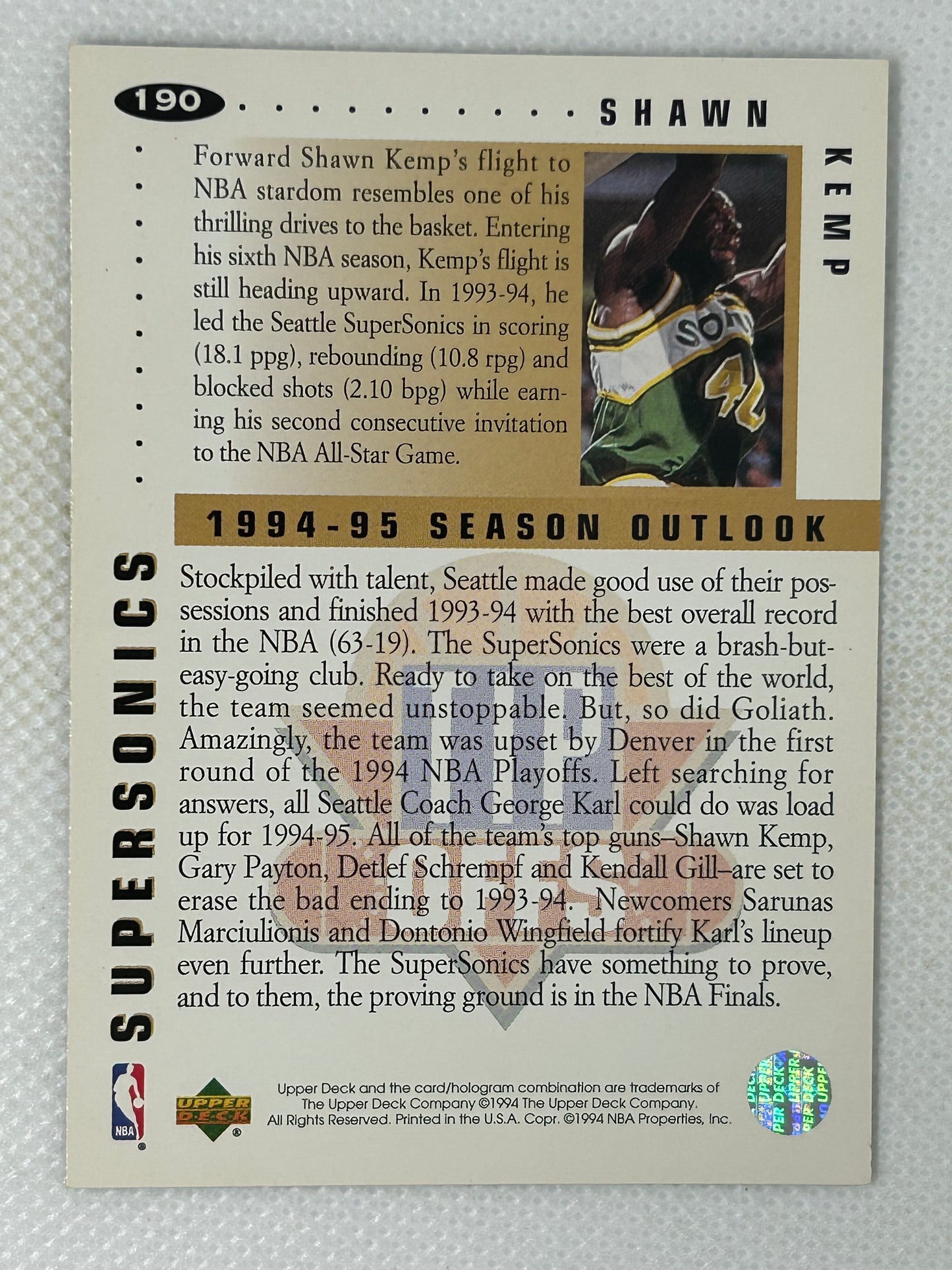 1994-95 Upper Deck Collector’s Choice Shawn Kemp #190 Seattle Supersonics