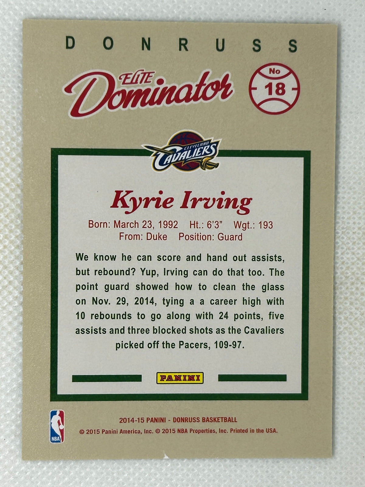 2014-15 Panini Donruss Elite Dominator #18 Kyrie Irving /999 Cleveland Cavaliers