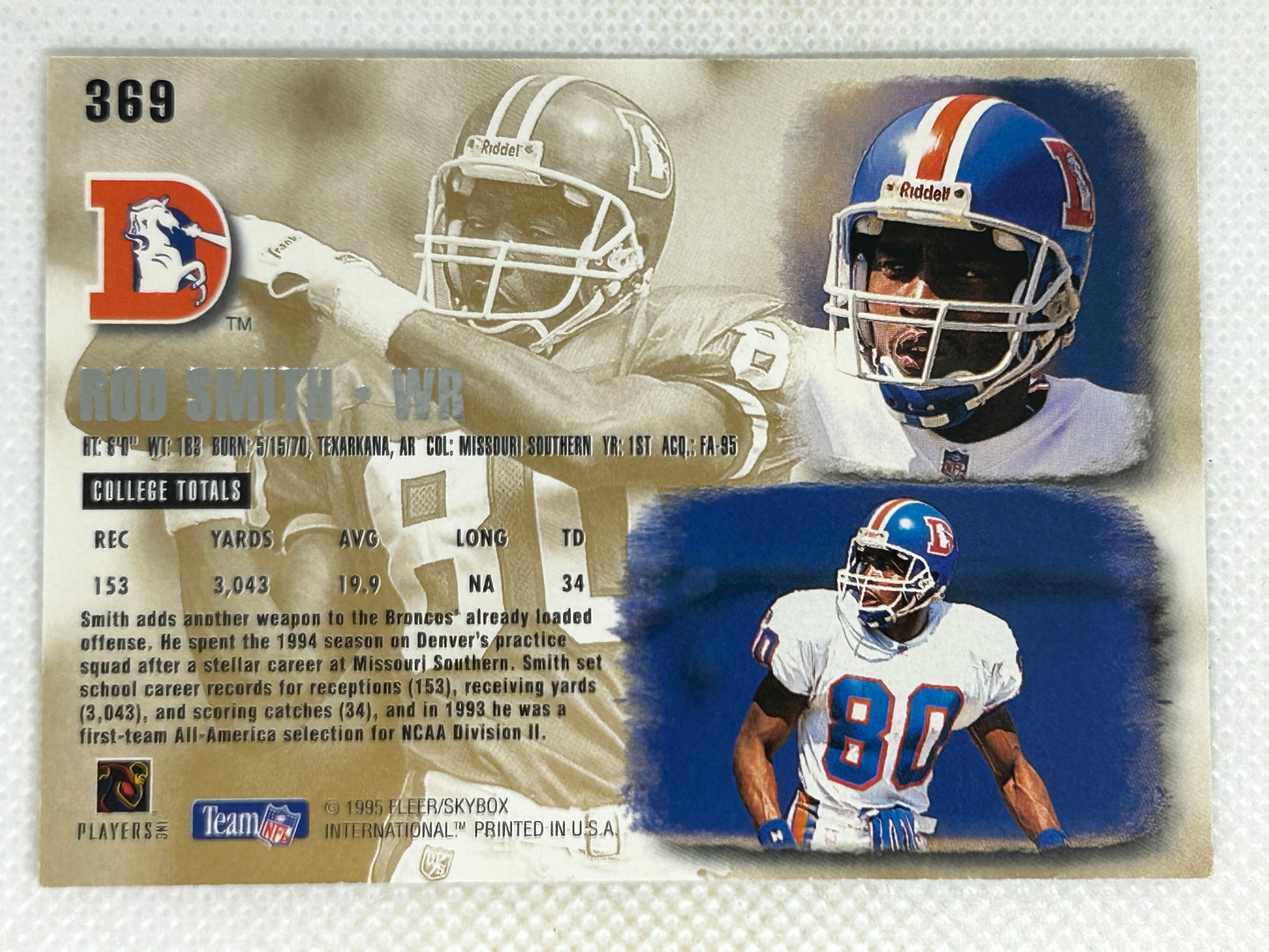 1995 Fleer Ultra Extra Rod Smith Rookie Card Denver Broncos RC #369 Signed Card