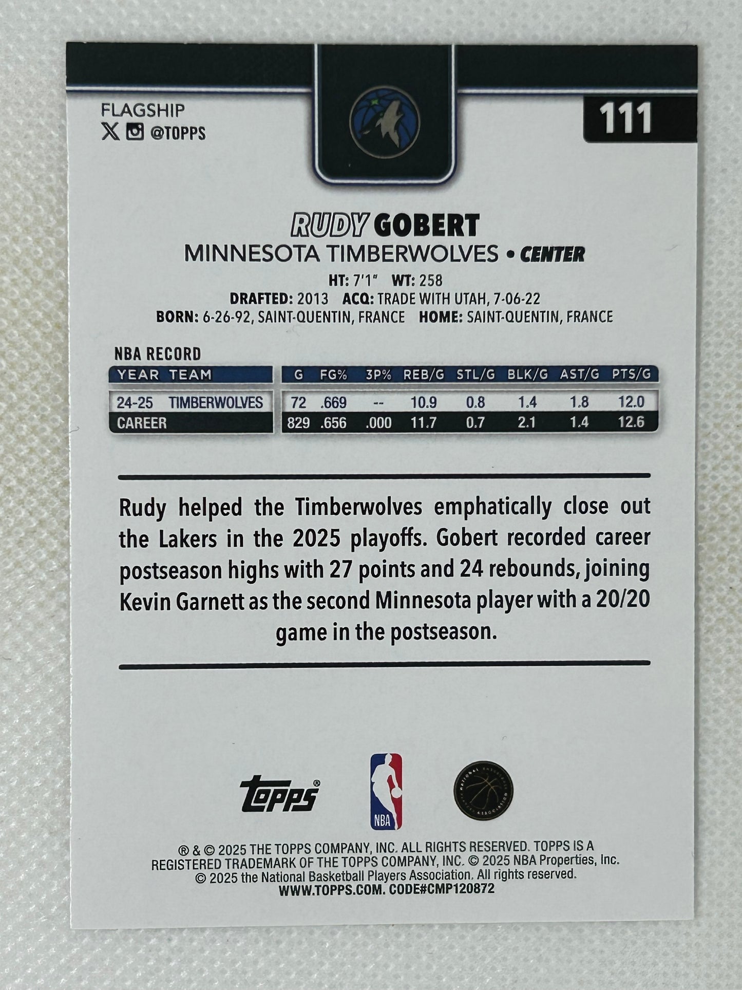 2025-26 Topps Basketball #111 Rudy Gobert Minnesota Timberwolves Signed Card