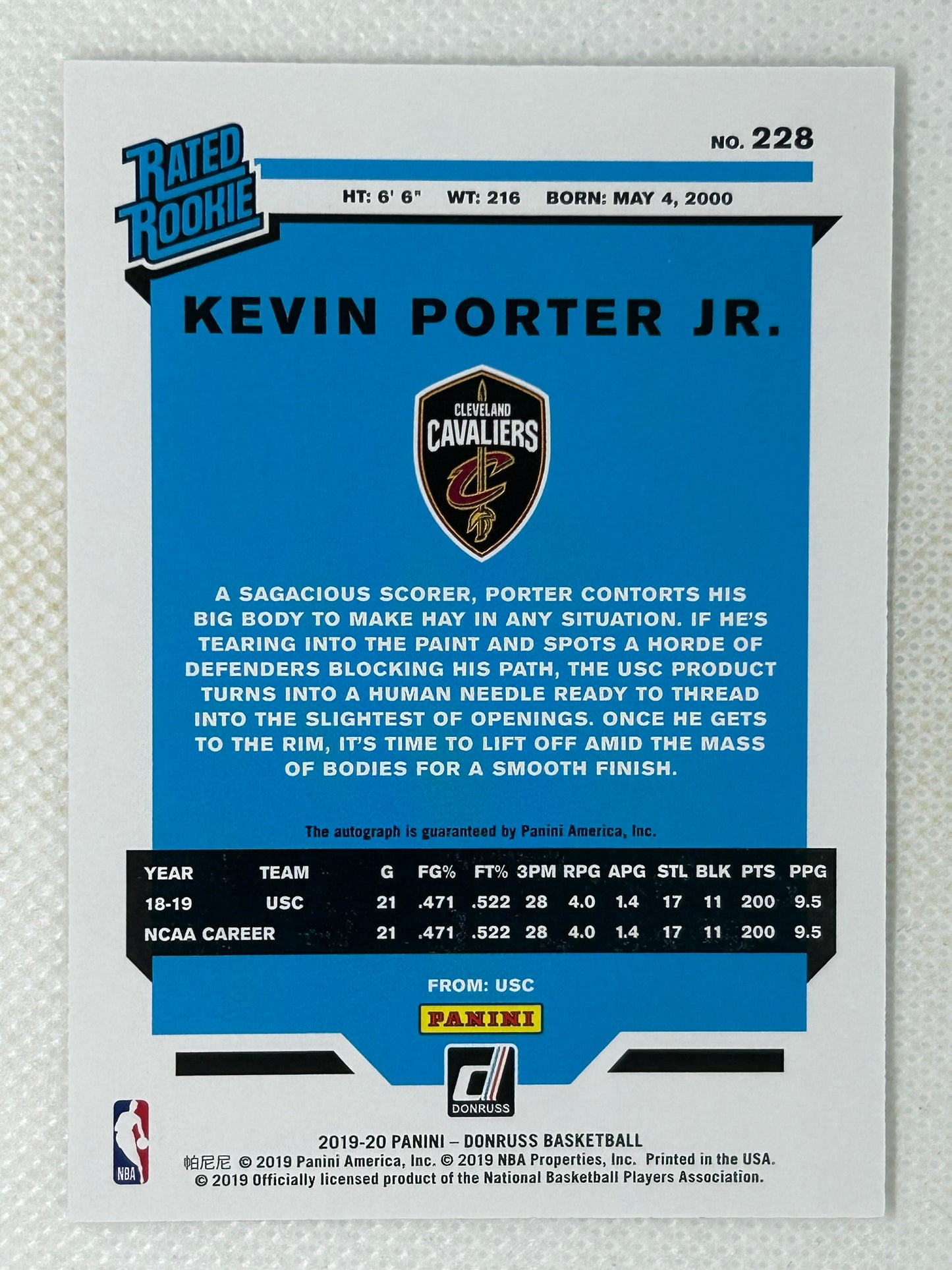 2019-20 Panini Donruss Rated Rookie Card Signatures #228 Kevin Porter Jr Cleveland Cavaliers