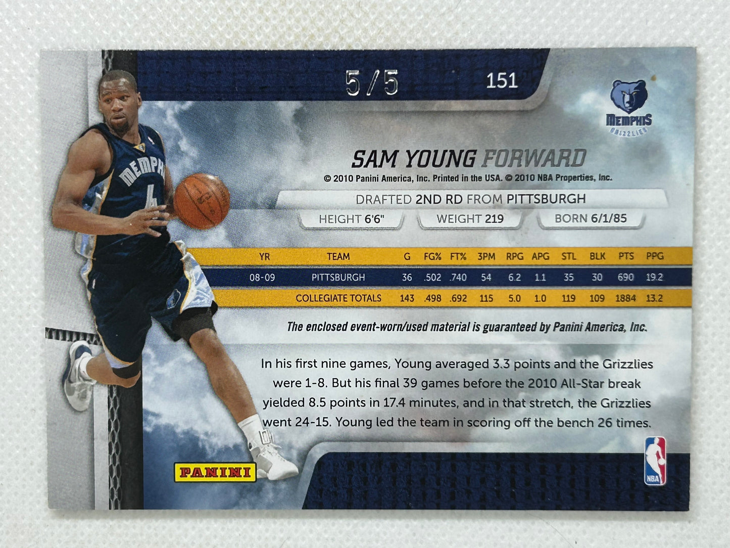 2009-10 Panini Absolute Sam Young Prime Dual Patch Ball Rookie #151 /5 Memphis Grizzlies