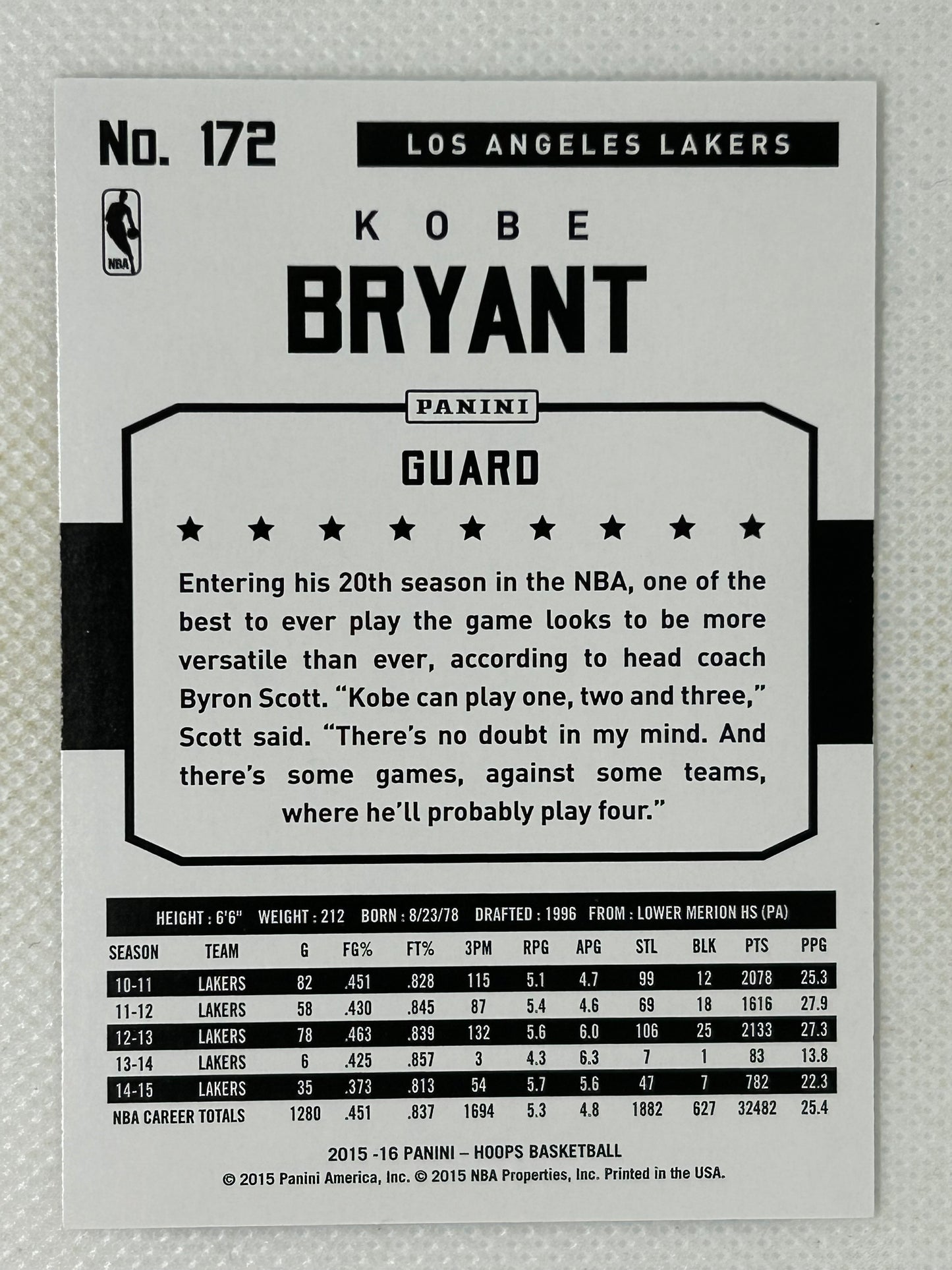2015-16 Panini NBA Hoops Kobe Bryant LeBron James #172 Los Angeles Lakers Cleveland Cavaliers