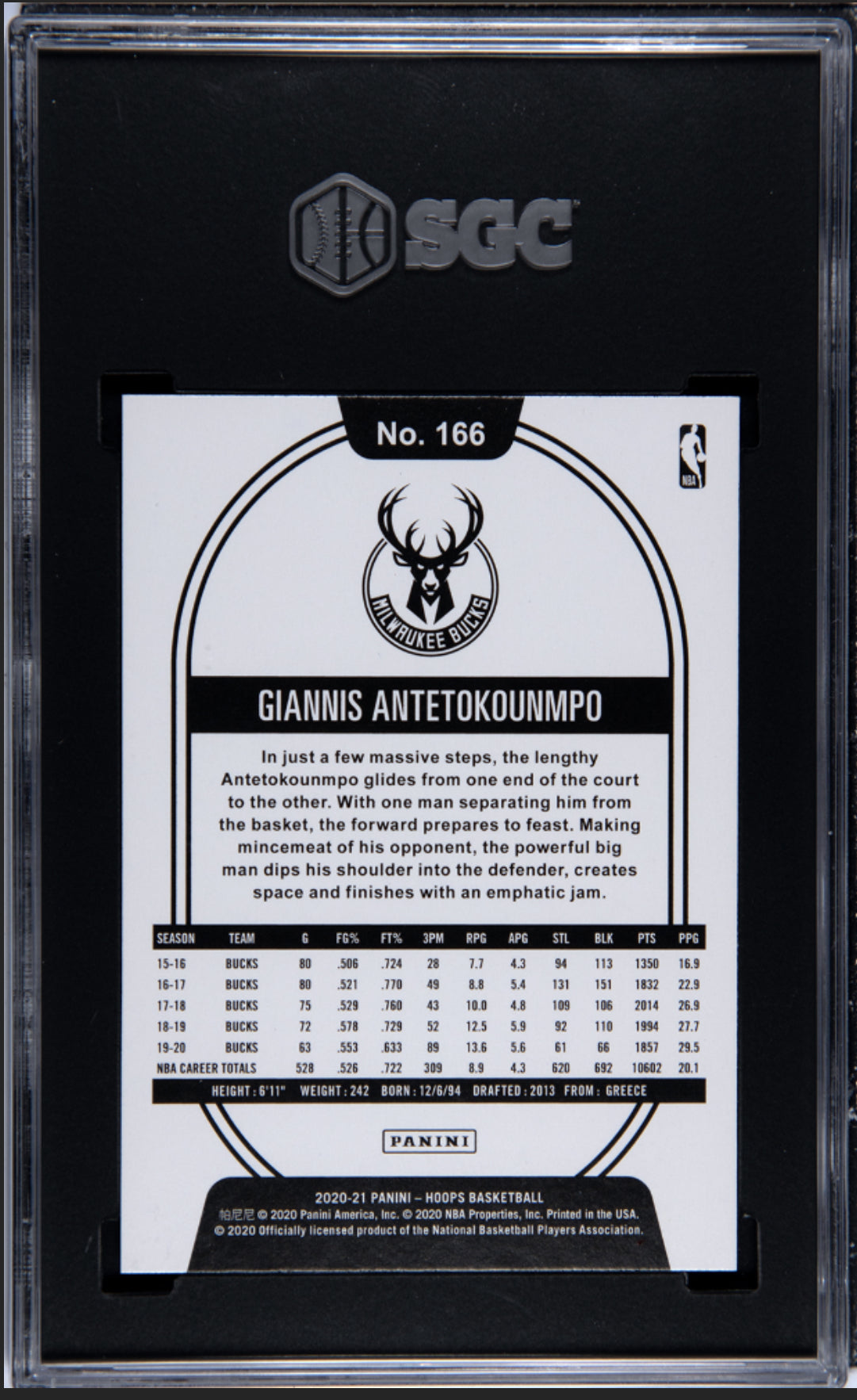 2020-21 Panini Hoops #166 Giannis Antetokounmpo Purple Explosion SSP SGC10 Pop 3 Milwaukee Bucks