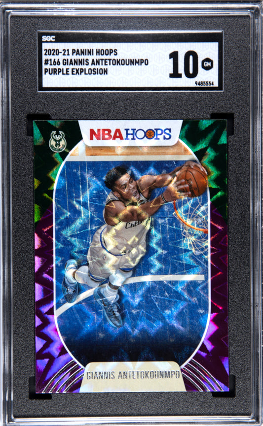 2020-21 Panini Hoops #166 Giannis Antetokounmpo Purple Explosion SSP SGC10 Pop 3 Milwaukee Bucks