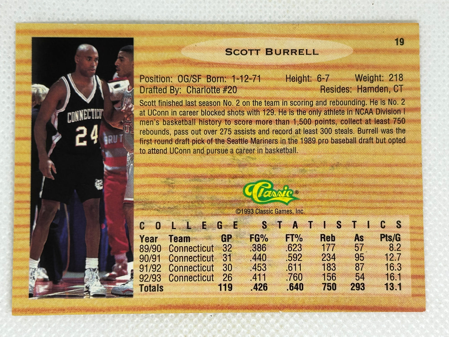 1993 Classic Draft Picks #19 Scott Burrell Charlotte Hornets Signed Card