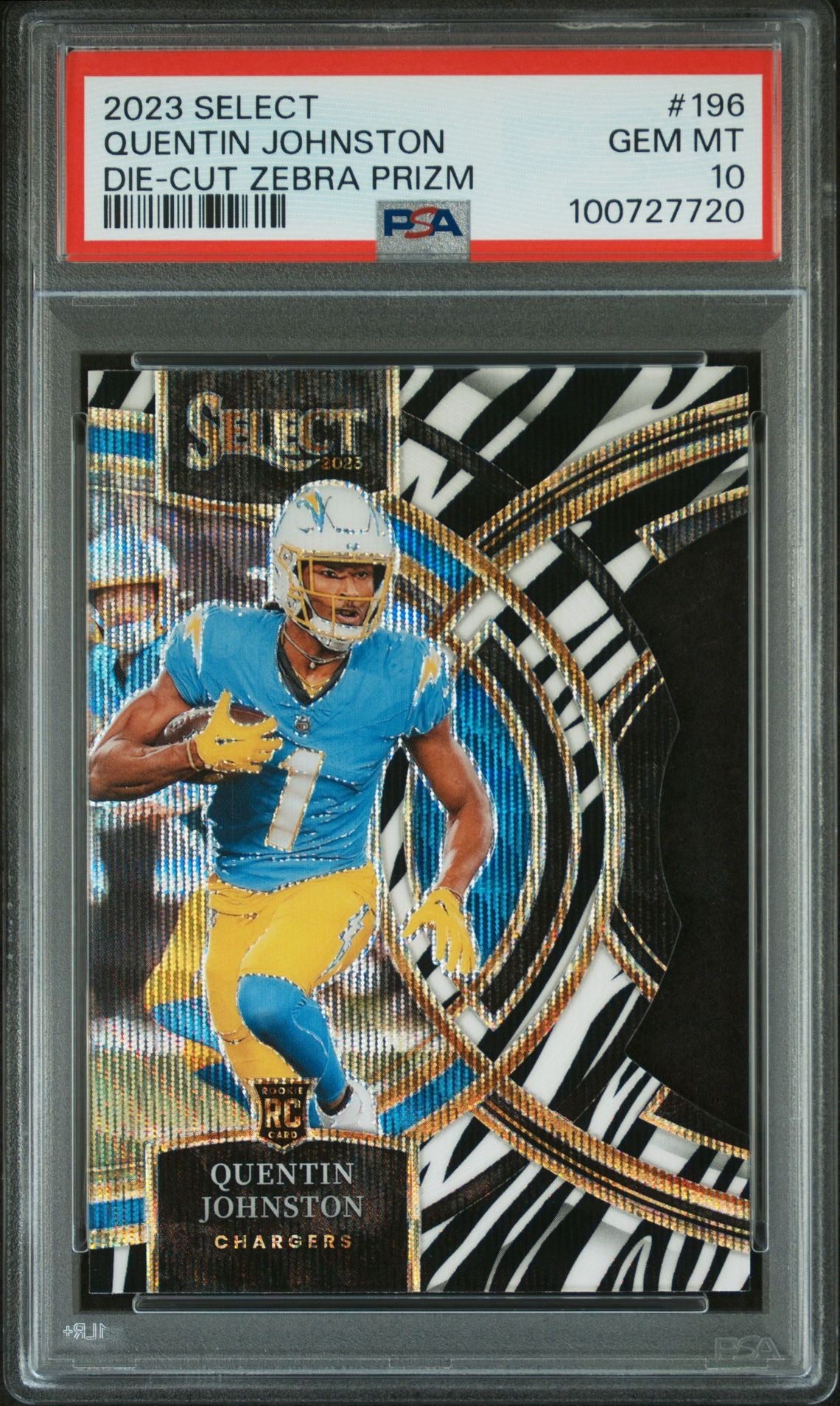 2024 Panini Select Zebra Die-Cut Prizm Case Hit #196 Quentin Johnston Los Angeles Chargers PSA 10