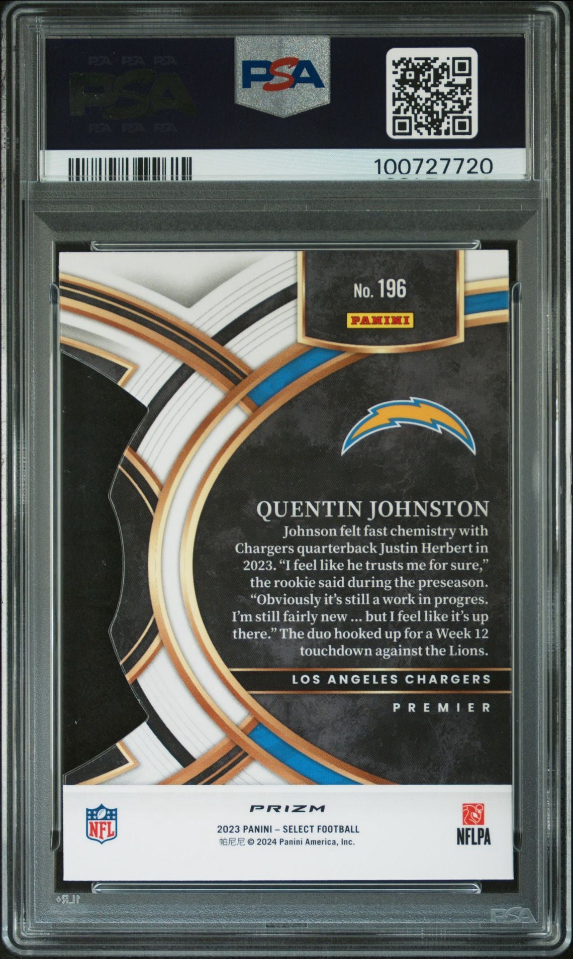 2024 Panini Select Zebra Die-Cut Prizm Case Hit #196 Quentin Johnston Los Angeles Chargers PSA 10