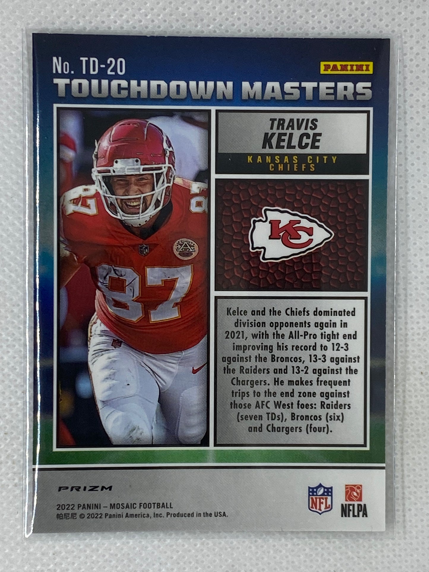 2022 Panini Mosaic Travis Kelce #TD-20 Touchdown Masters Silver Mosaic Prizm Kansas City Chiefs