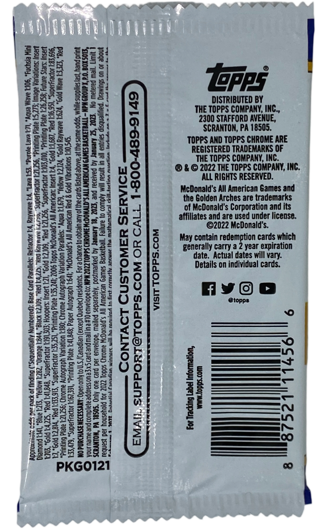 2022 Topps Chrome McDonald's All American Basketball Hobby Pack Sealed