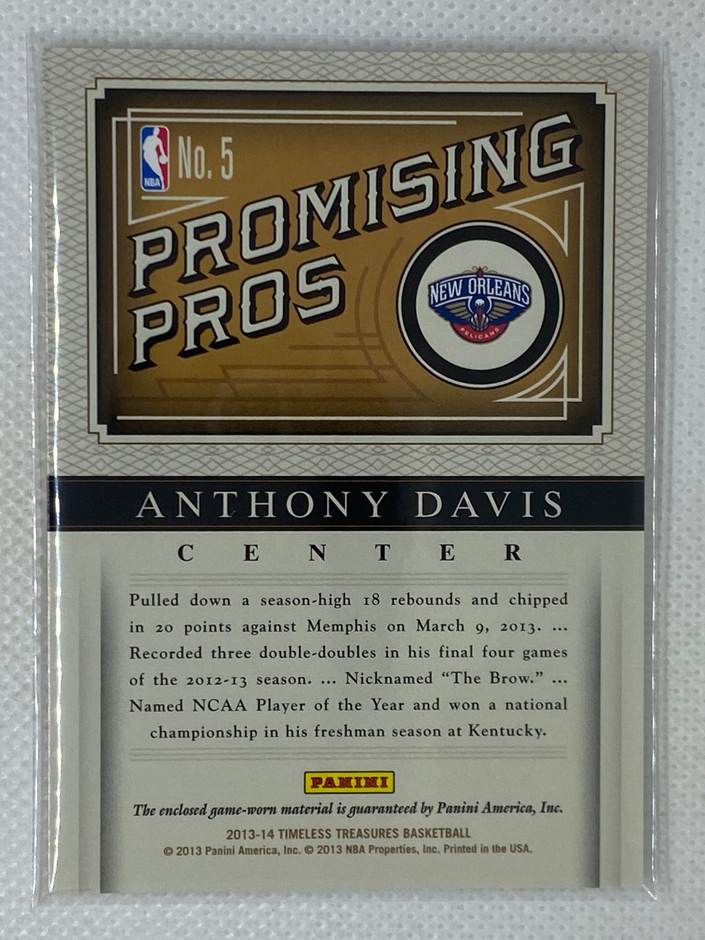 2013-14 Panini Timeless Treasures Promising Pros Materials Anthony Davis #5