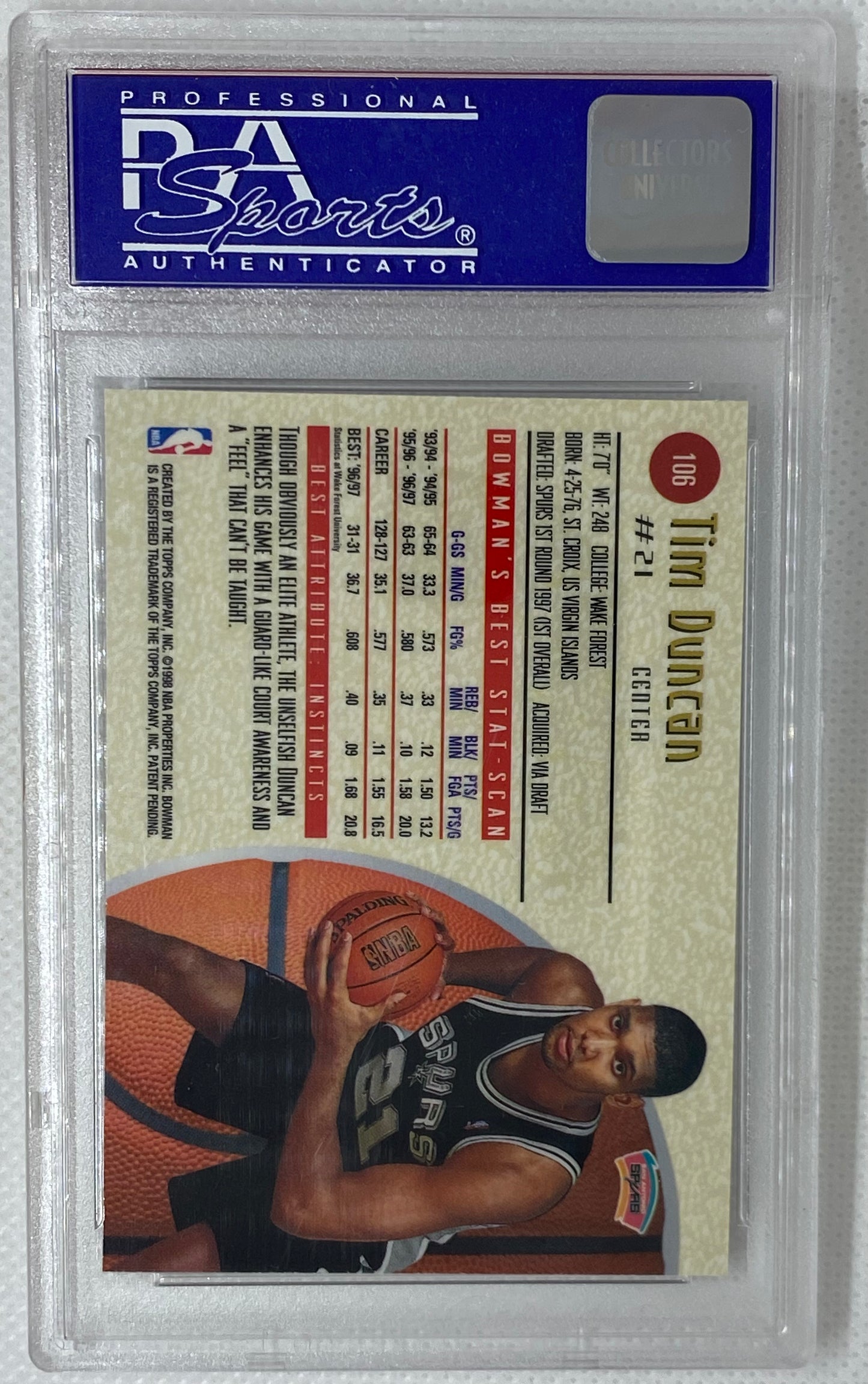 1997-98 Bowmans Best Tim Duncan Rookie Card RC #106 PSA 9 San Antonio Spurs