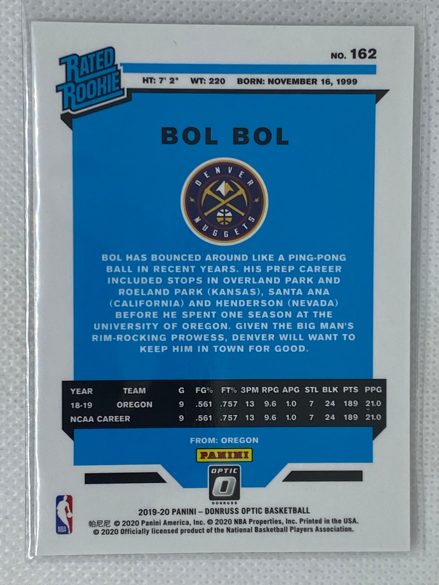 2019-20 Panini Donruss Optic Bol Bol Rated Rookie #162 Denver Nuggets