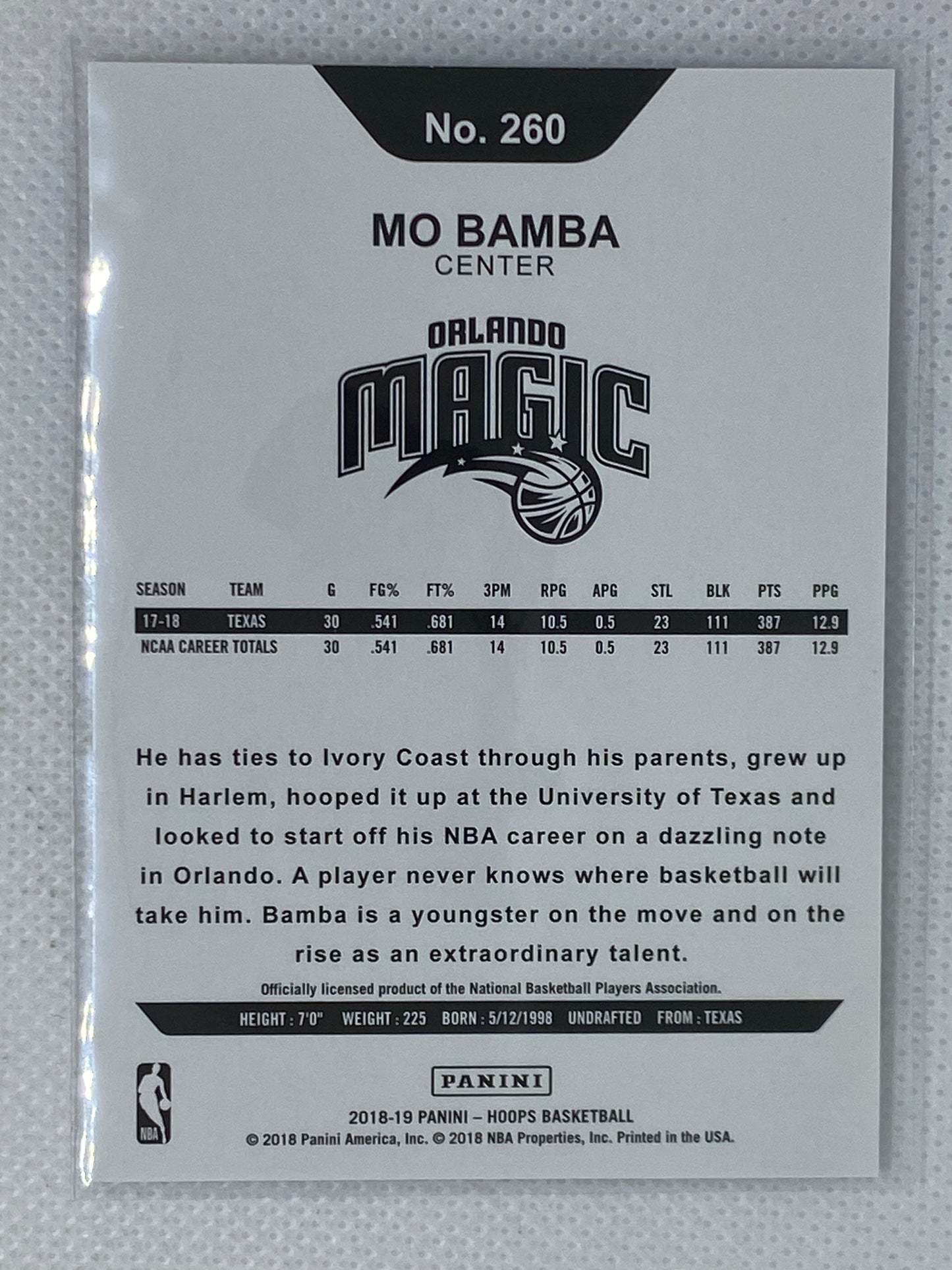 2018-19 Panini NBA Hoops Winter Mo Bamba #260 Rookie RC