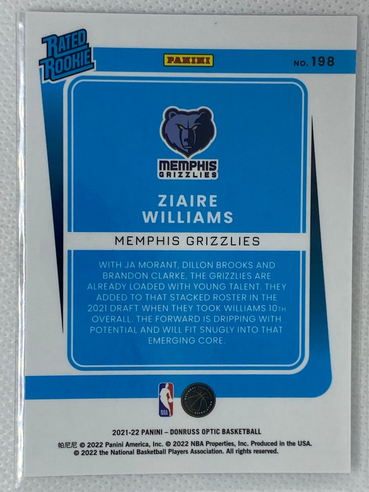 2021-22 Donruss Optic Rated Rookie Card RC #198 Ziaire Williams Memphis Grizzlies