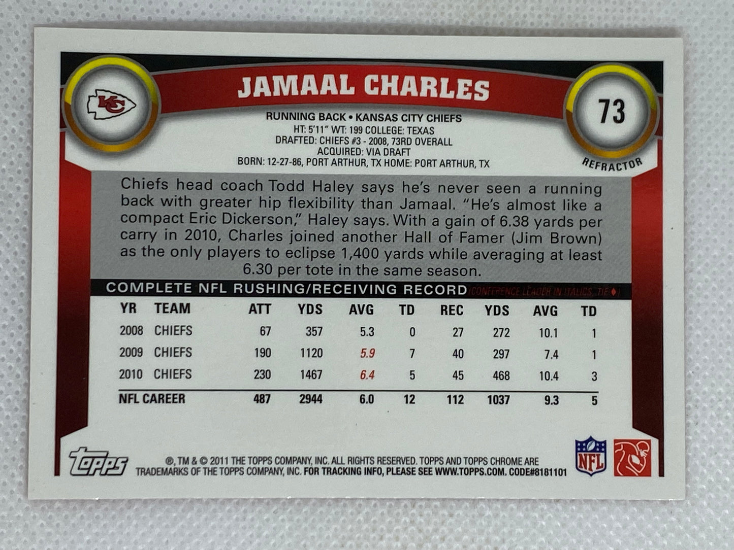 2011 Topps Chrome Orange Refractor Jamaal Charles Kansas City Chiefs #73
