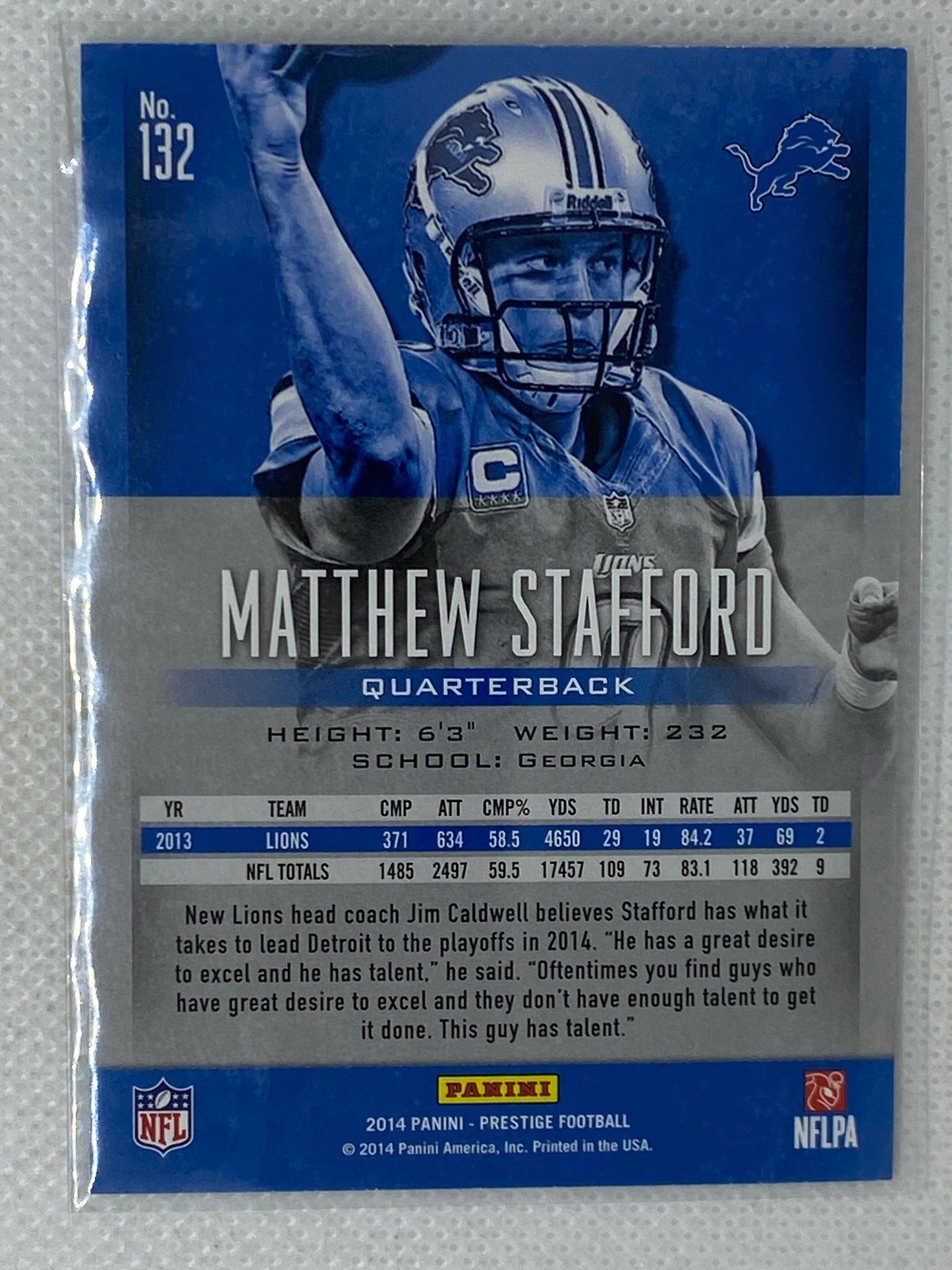 2014 Panini Prestige Football #132 Matthew Stafford Detroit Lions
