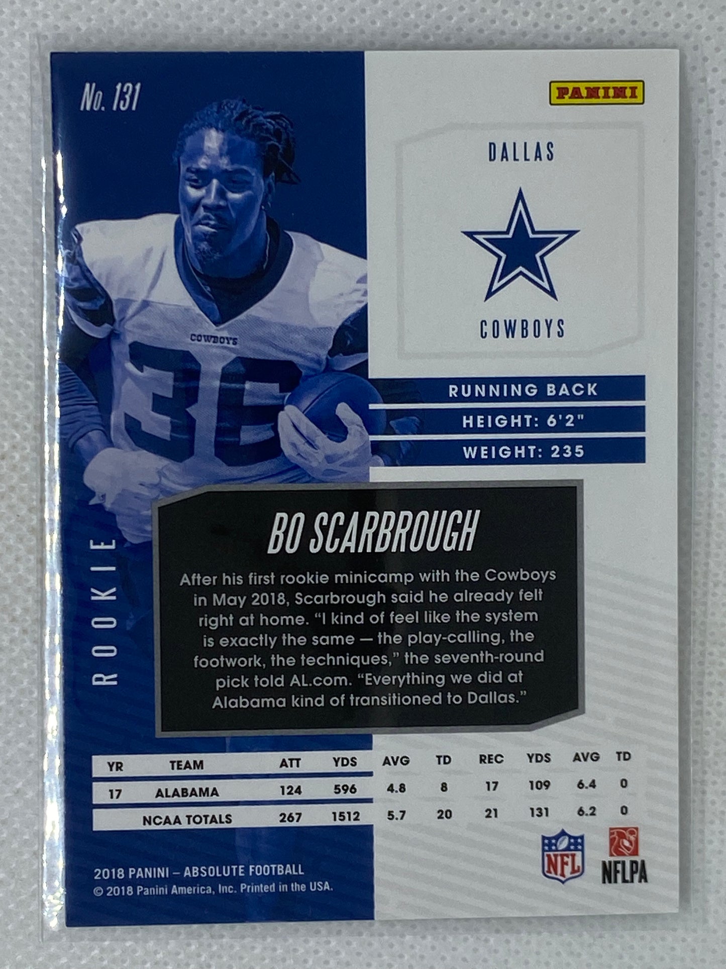 2018 Absolute Football Bo Scarbrough Rookie Card Dallas Cowboys #131