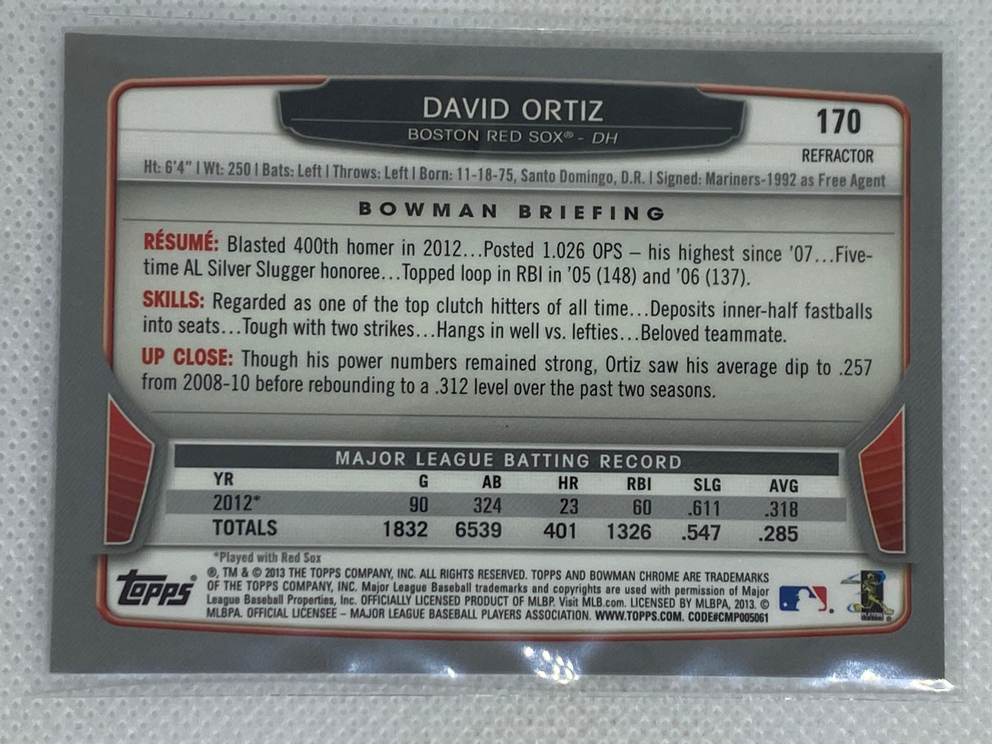 2013 Bowman Chrome Refractor David Ortiz #170 HOF