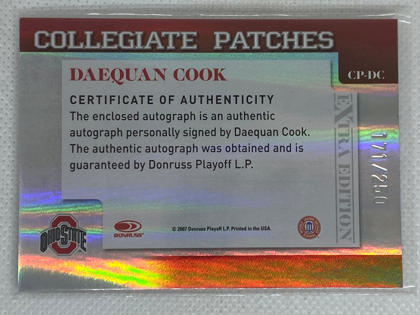 2007 Donruss Elite Extra Edition Collegiate Patches Autograph Daequan Cook/250
