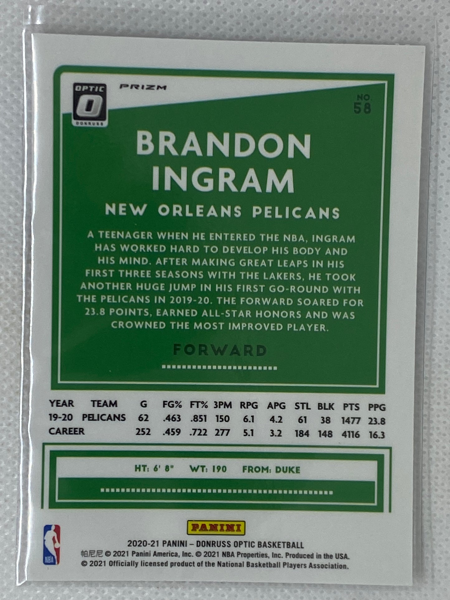 2020-21 Donruss Optic #58 Brandon Ingram Silver Pulsar Prizm