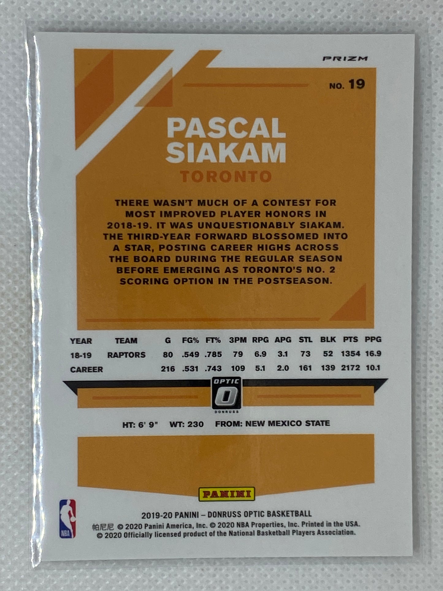 2019-20 Donruss Optic Silver Prizm Holo #19 Pascal Siakam Toronto Raptors