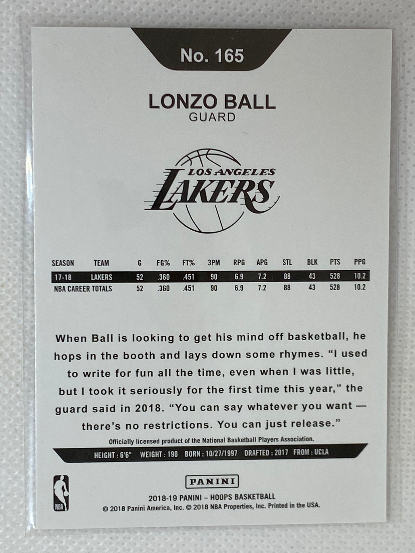 2018-19 Panini Hoops Winter Lonzo Ball Base #165