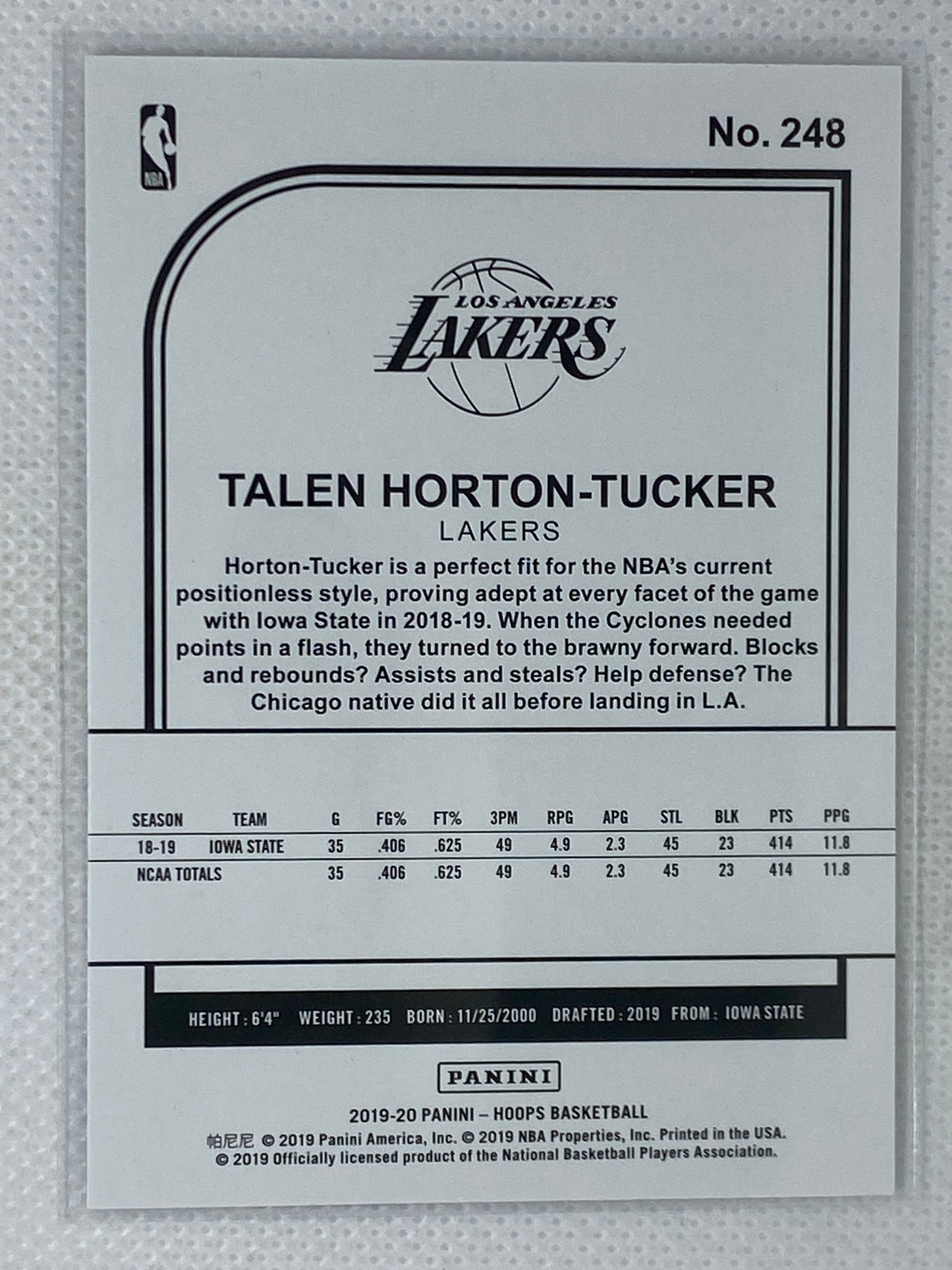 2019-20 Panini NBA Hoops Talen Horton-Tucker Rookie RC #248, Los Angeles Lakers