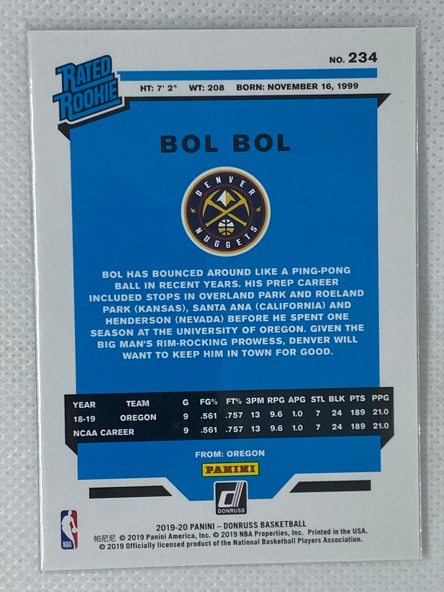 2019-20 Donruss Rated Rookie Base #234 Bol Bol RC - Denver Nuggets