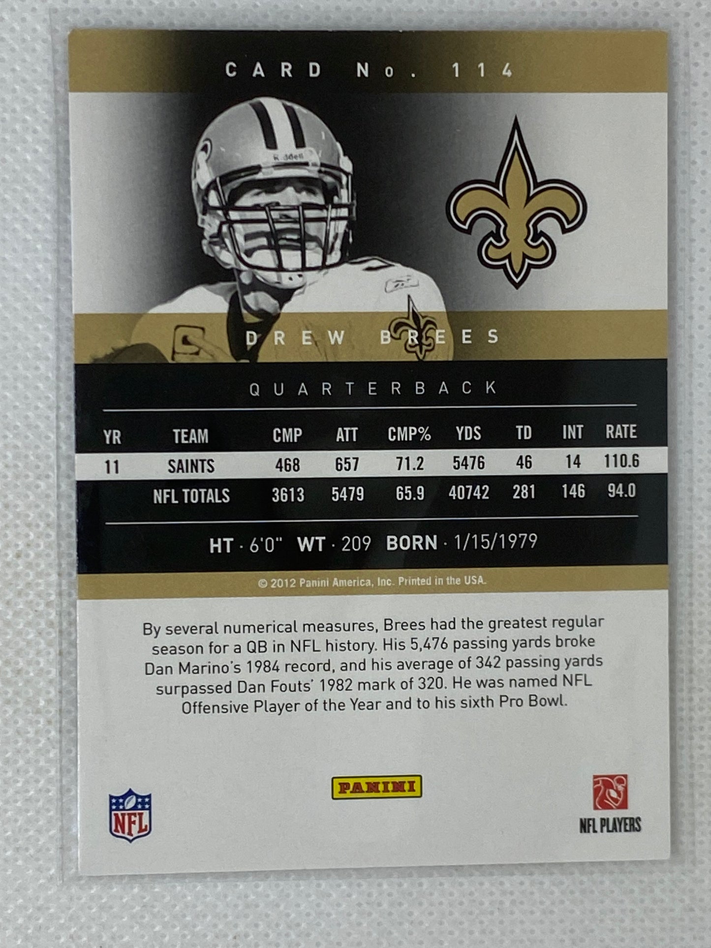 2012 Panini Prestige #114 Drew Brees New Orleans Saints