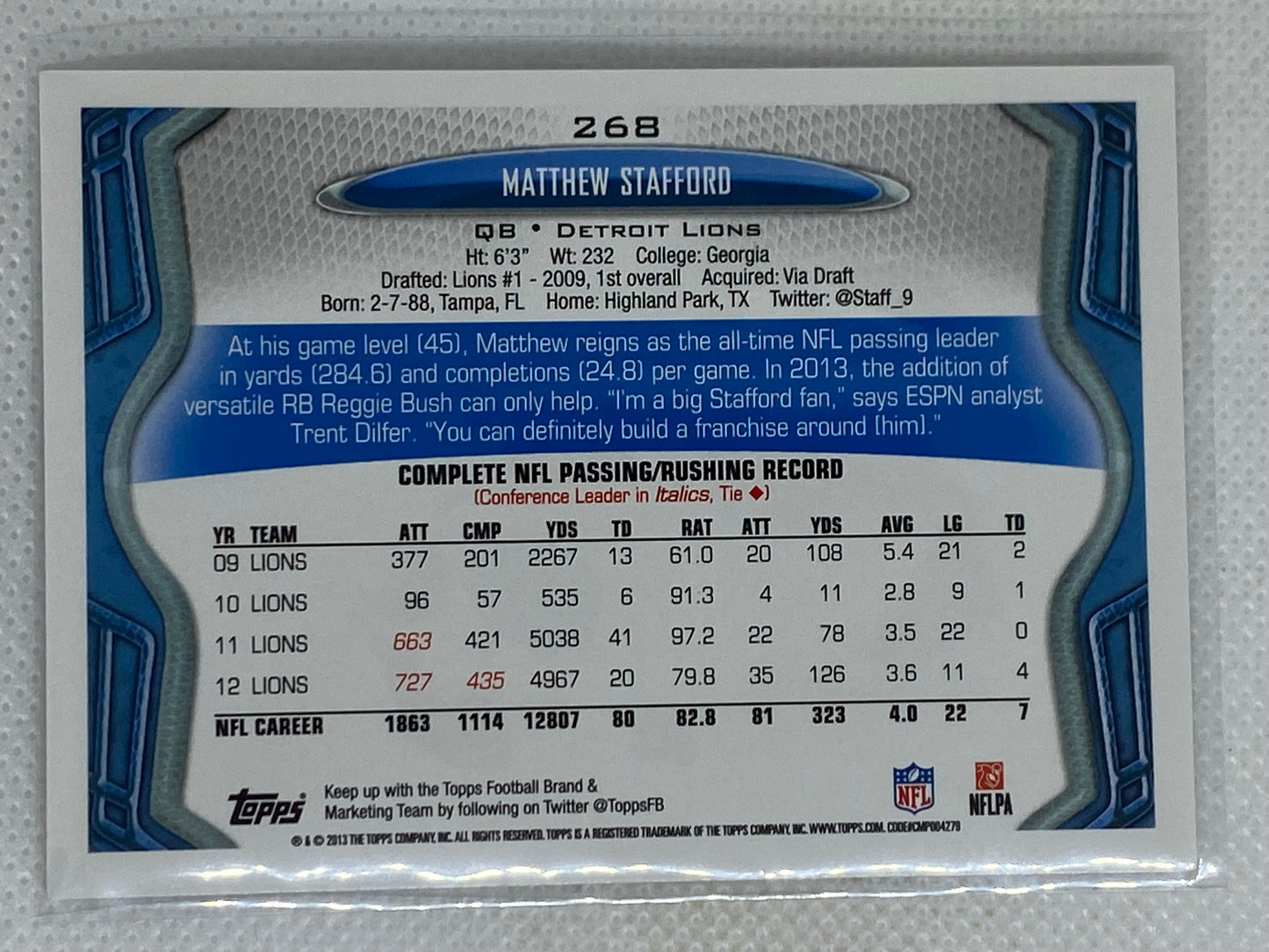 2013 Topps Football Card #268 Matthew Stafford Detroit Lions
