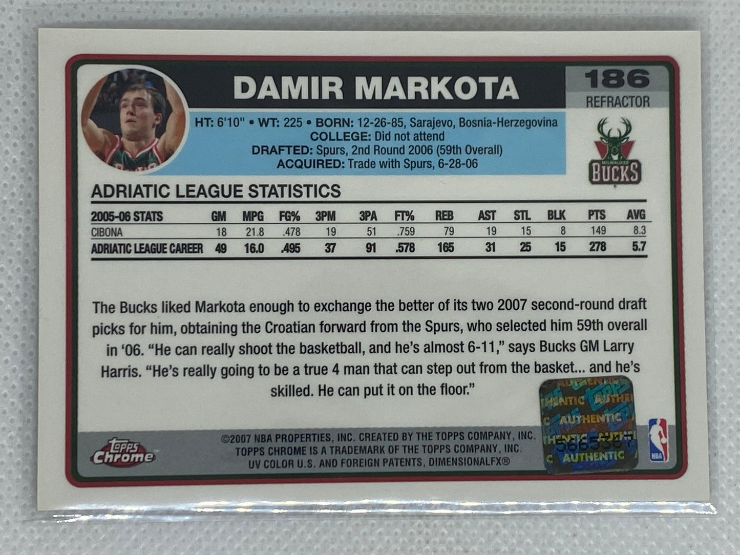 2006-07 Topps Chrome Black Rookie Autograph Damir Markota #186 SSP