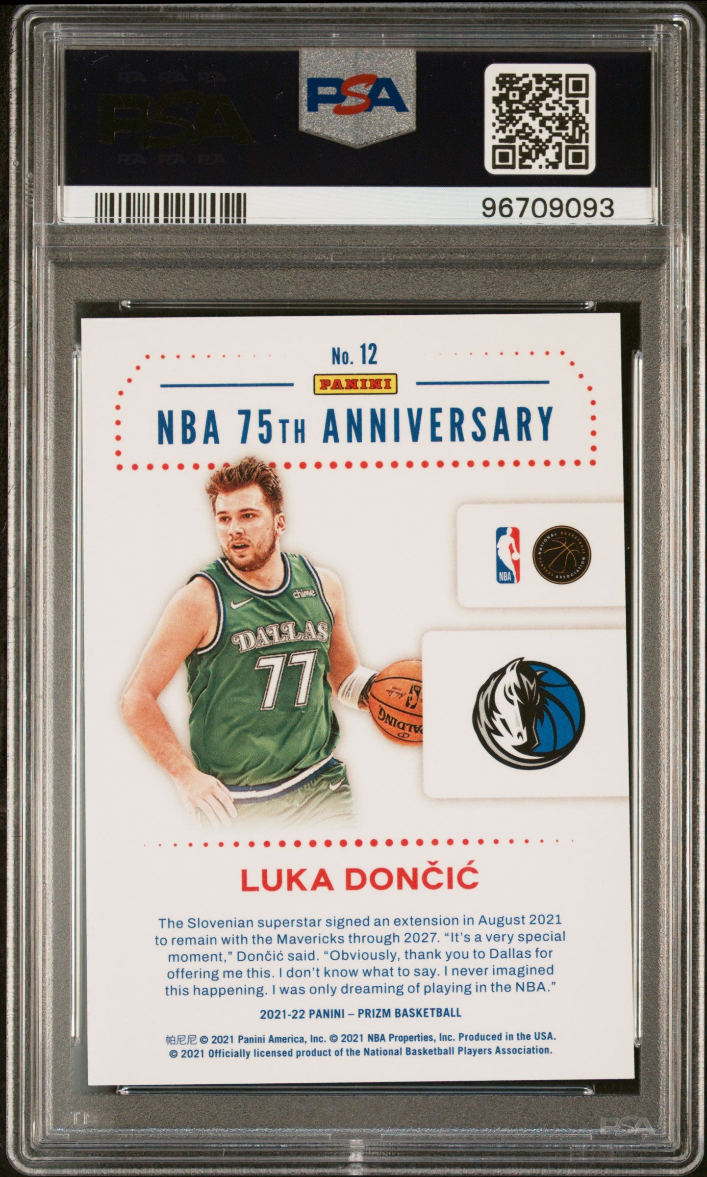 2021-22 Panini Prizm NBA 75th Anniversary Logo #12 Luka Doncic PSA 9 Case Hit Dallas Mavericks