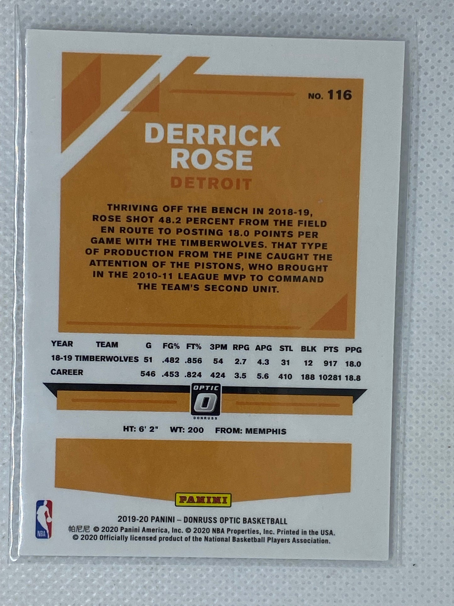 2019-20 Donruss Optic Base #116 Derrick Rose - Detroit Pistons