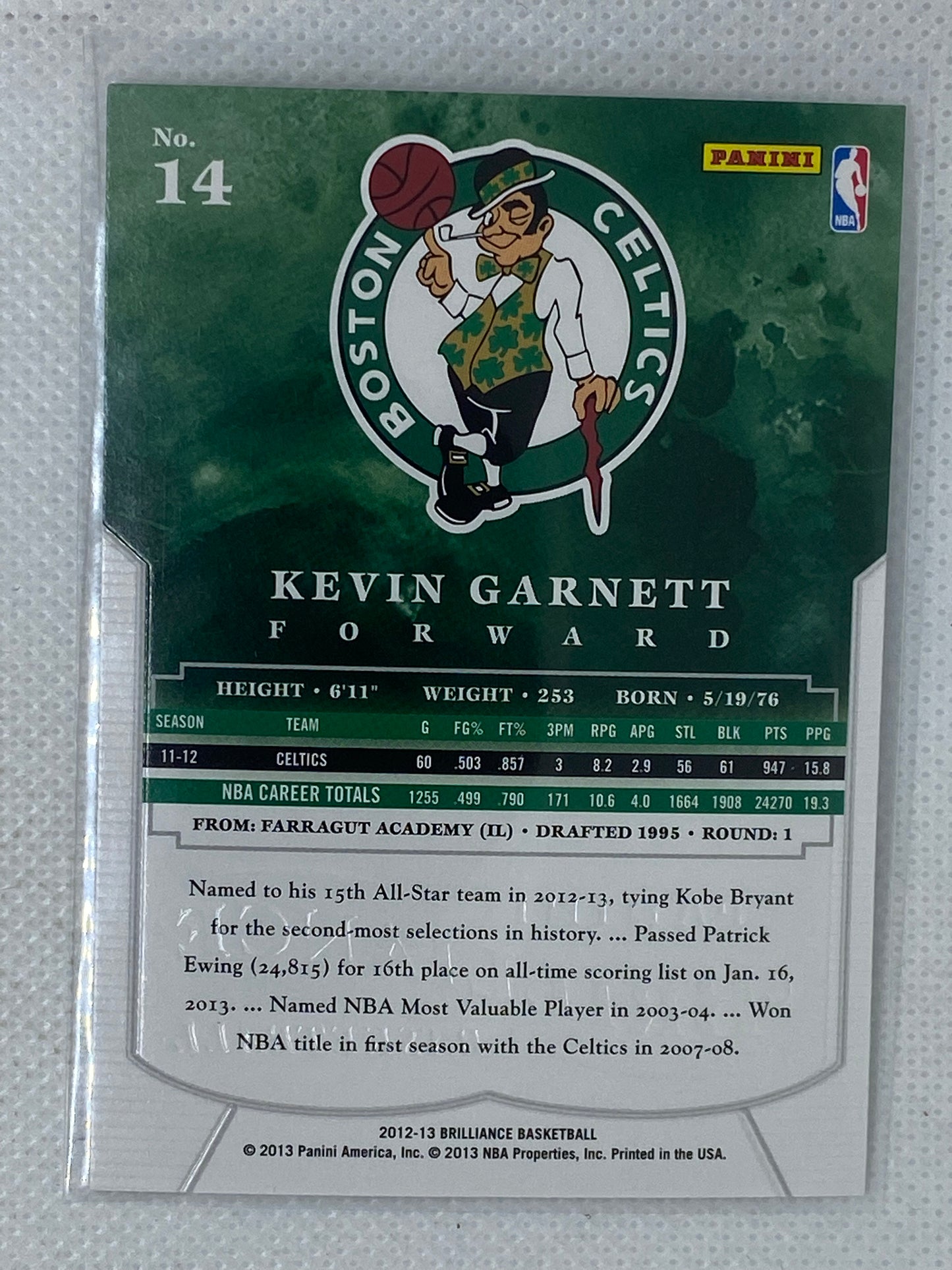 2012-13 Panini Brilliance Boston Celtics Basketball Card #14 Kevin Garnett