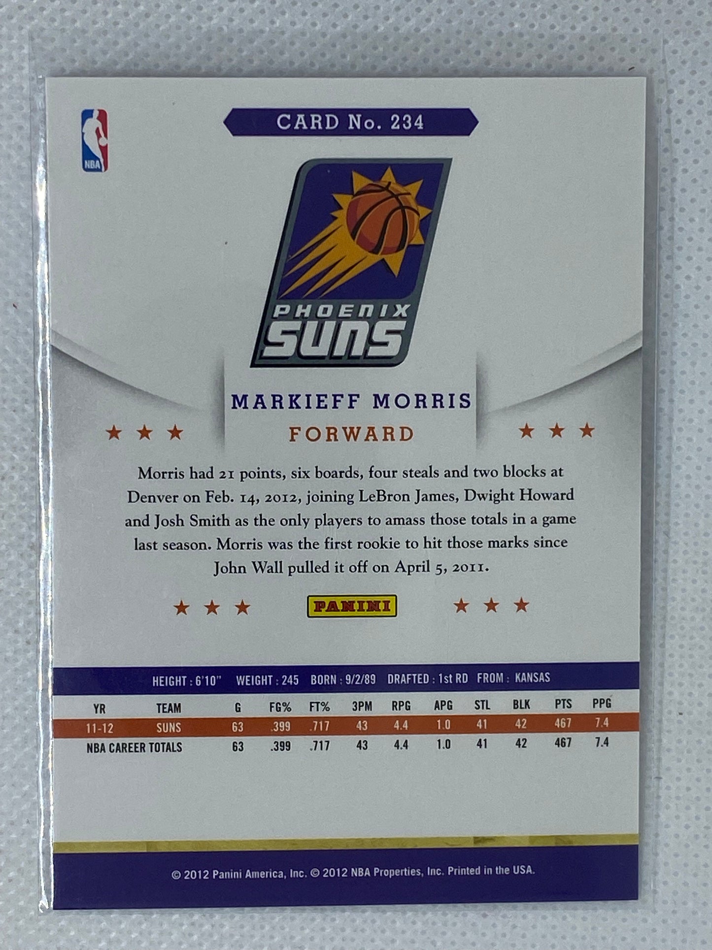 2012-13 Hoops Phoenix Suns Basketball Card #234 Markieff Morris Rookie