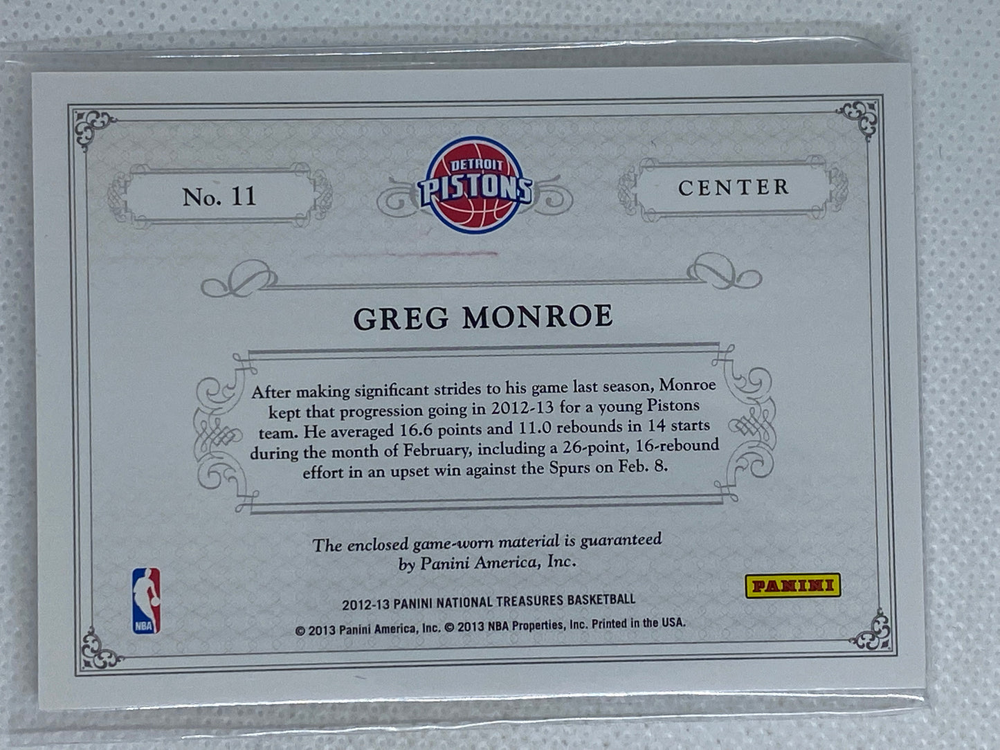 2012 Panini National Treasures Colossal Materials Jersey Number /99 Greg Monroe