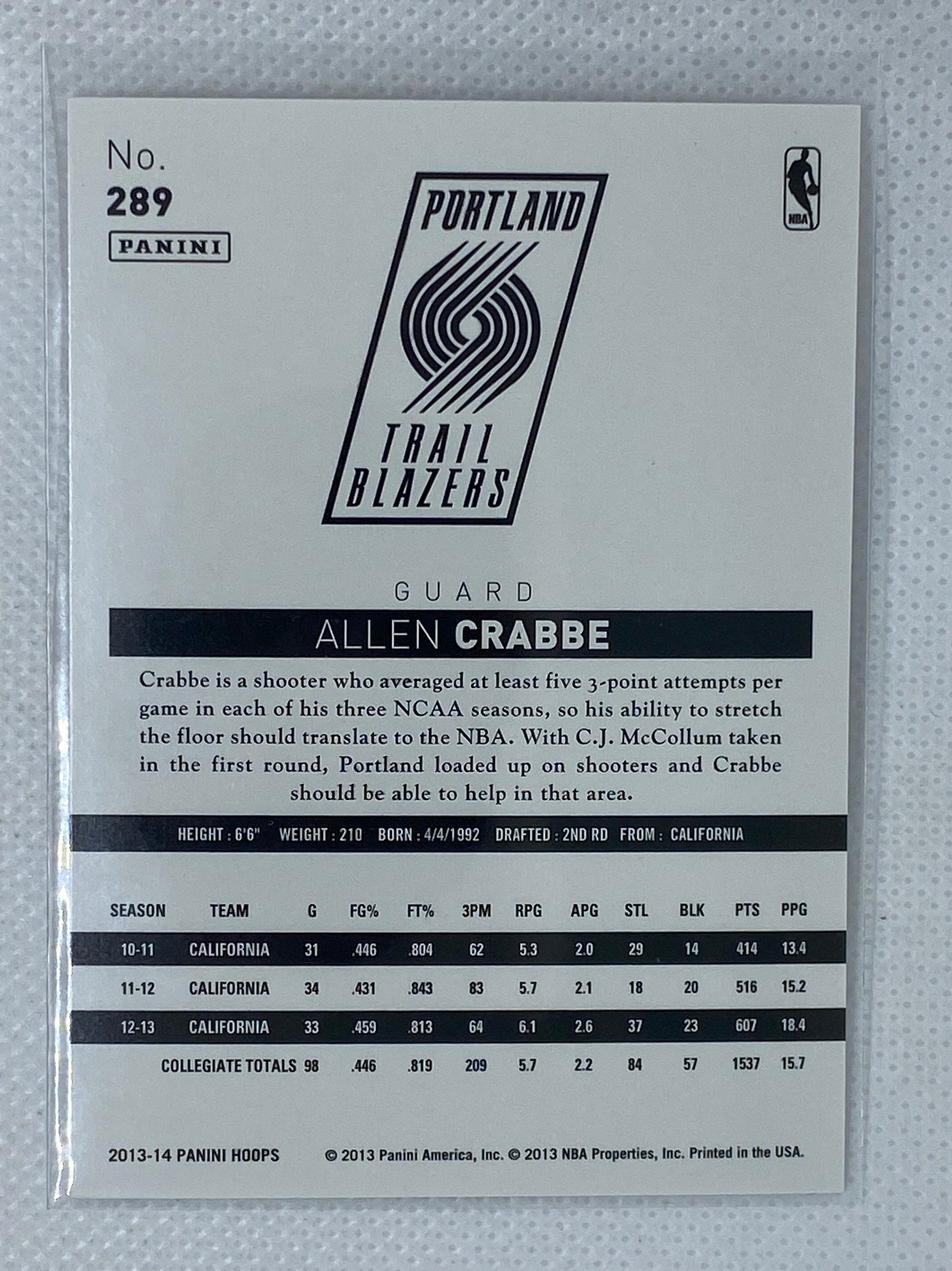 2013-14 Panini Hoops #289 Allen Crabbe RC Rookie Blazers