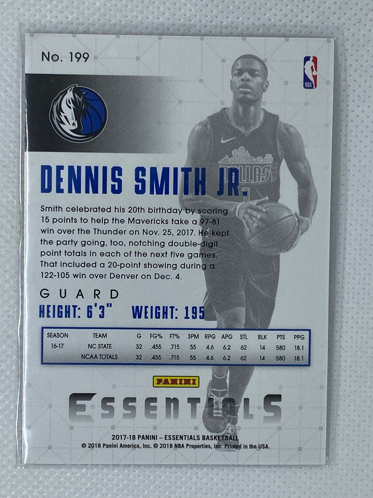 2017-18 Panini Essentials Basketball Dennis Smith Jr ROOKIE Card RC #199 Dallas