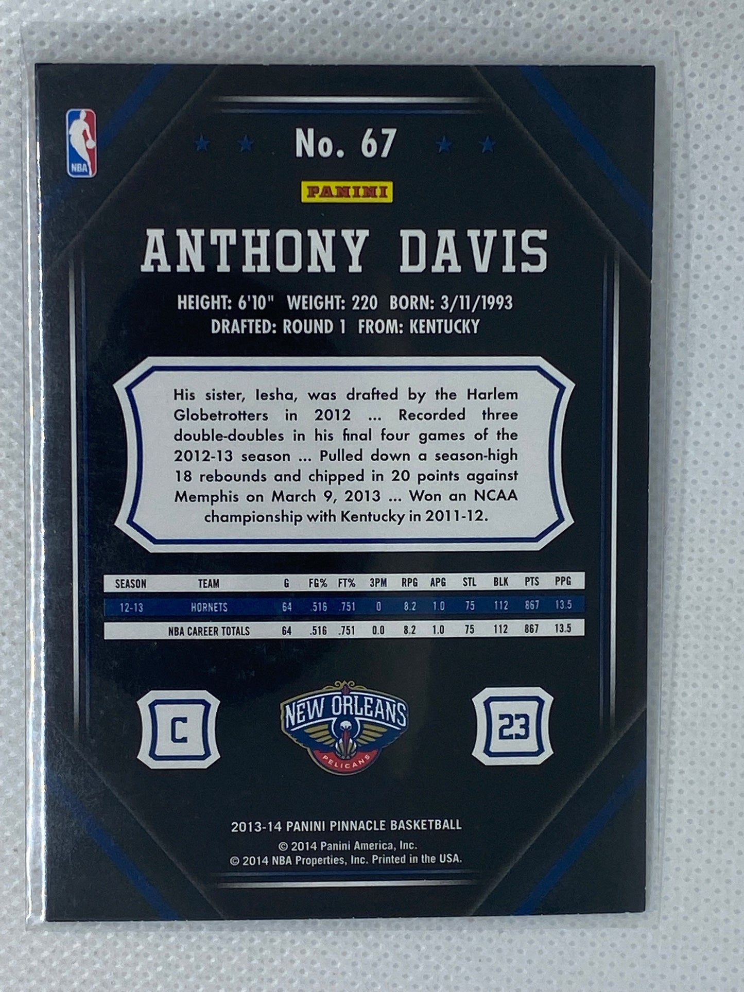 2013-14 Panini Pinnacle #67 Anthony Davis Second Year Card Pelicans