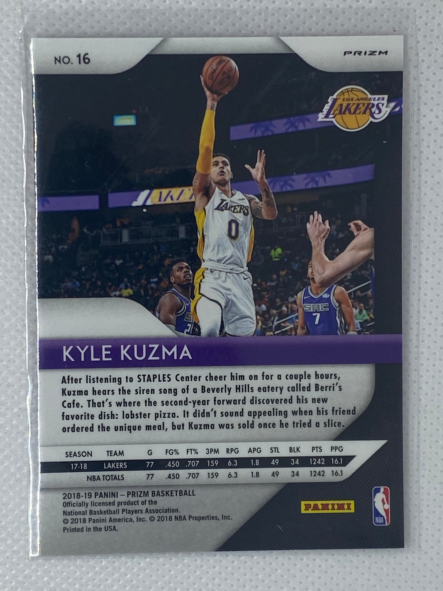 2018-19 Panini Prizm Kyle Kuzma Pink Cracked Ice Prizm Card #16 LA Lakers