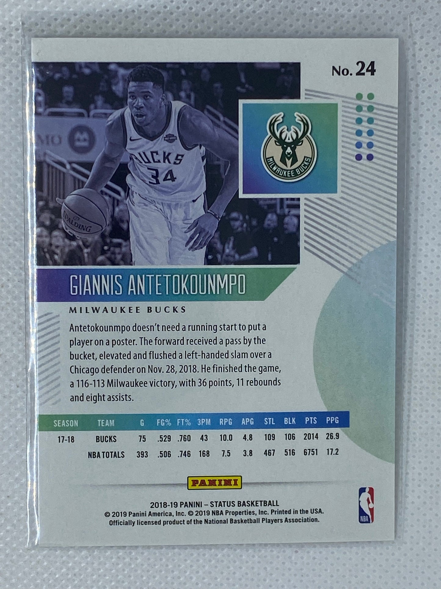 2018-19 Panini Status Giannis Antetokounmpo Milwaukee Bucks #24