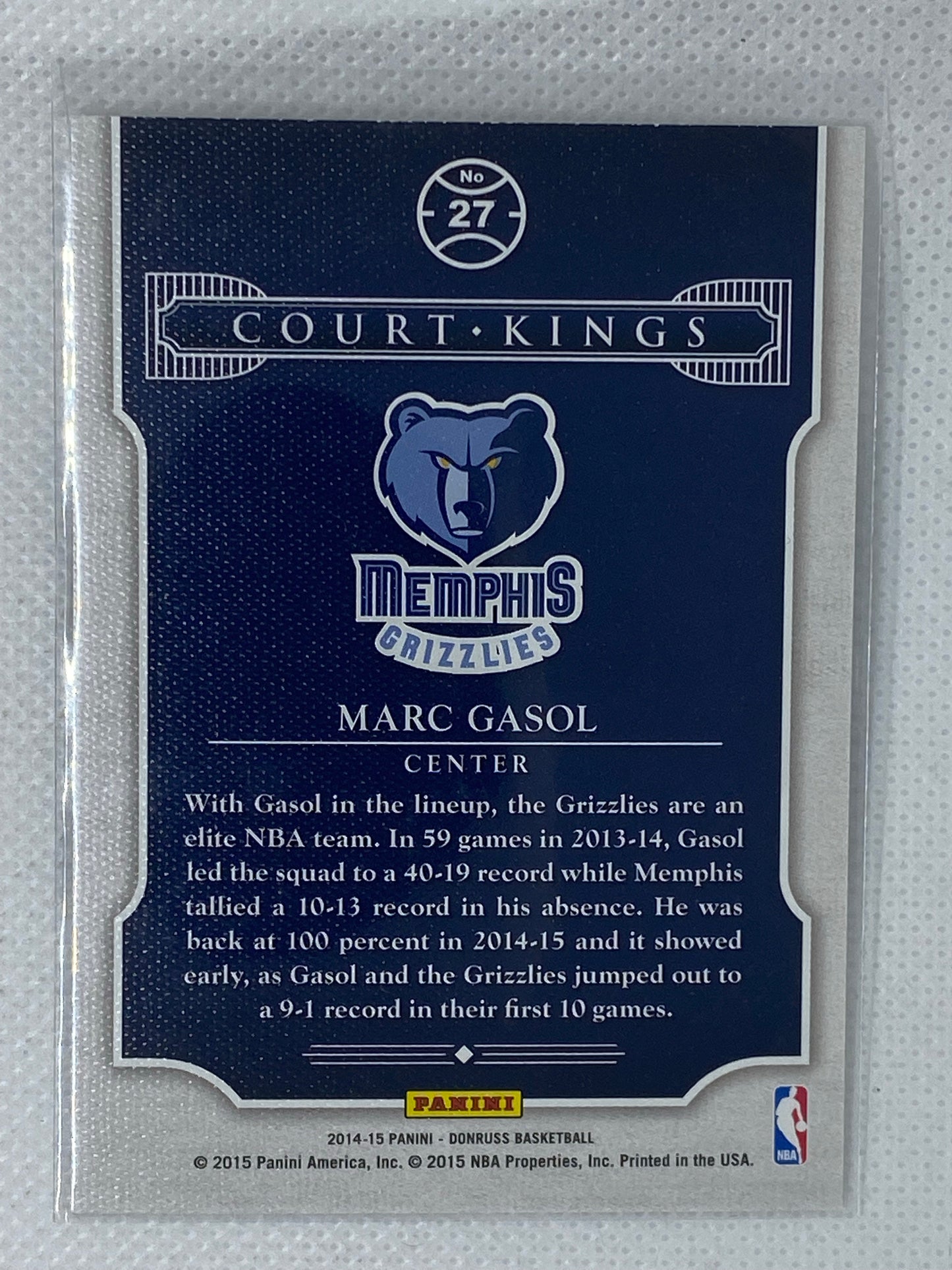 2014-15 Donruss Court Kings Memphis Grizzlies Basketball Card #27 Marc Gasol