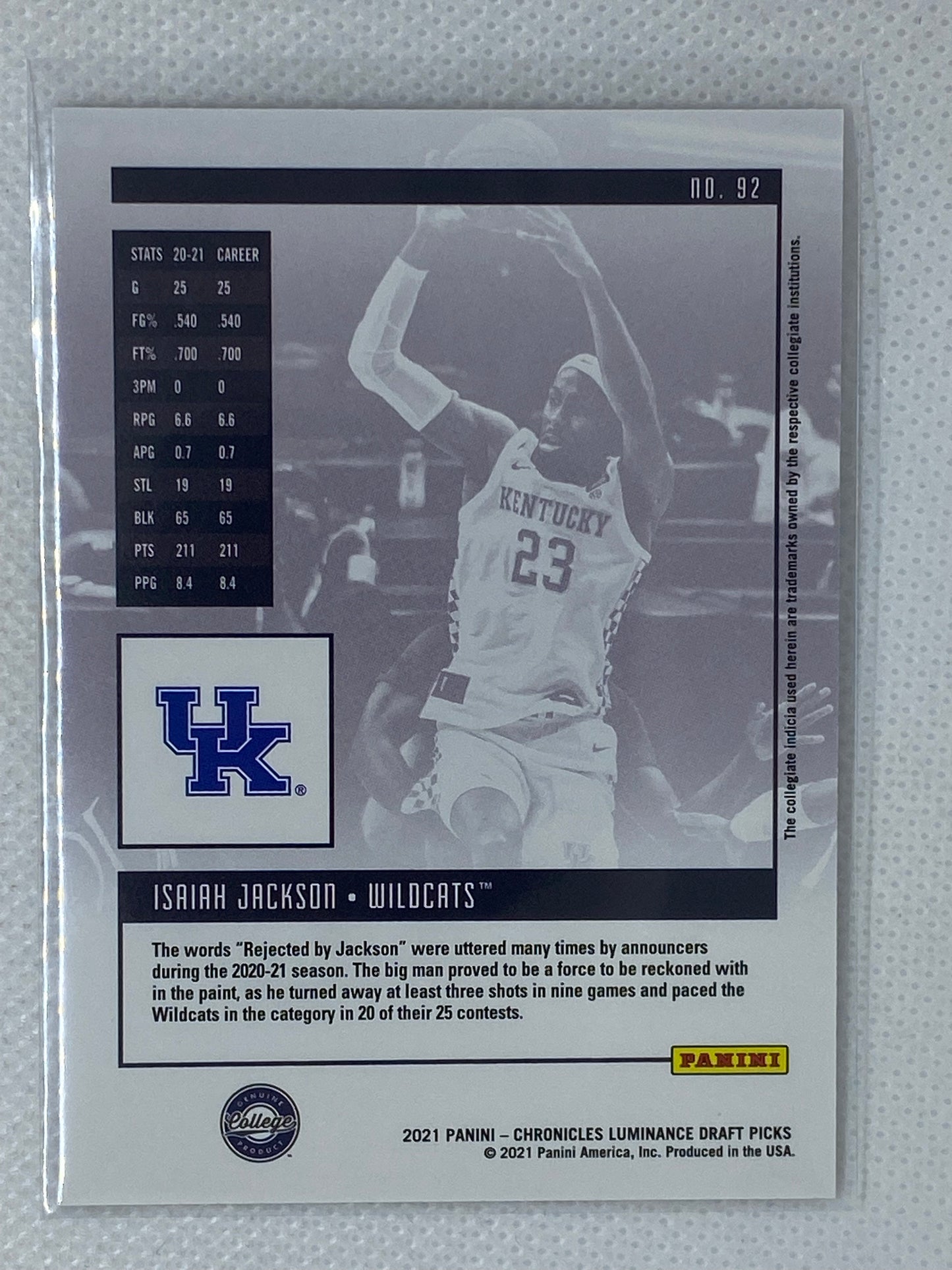 2021-22 Panini Chronicles Draft Luminance #92 Isaiah Jackson - Kentucky Wildcats