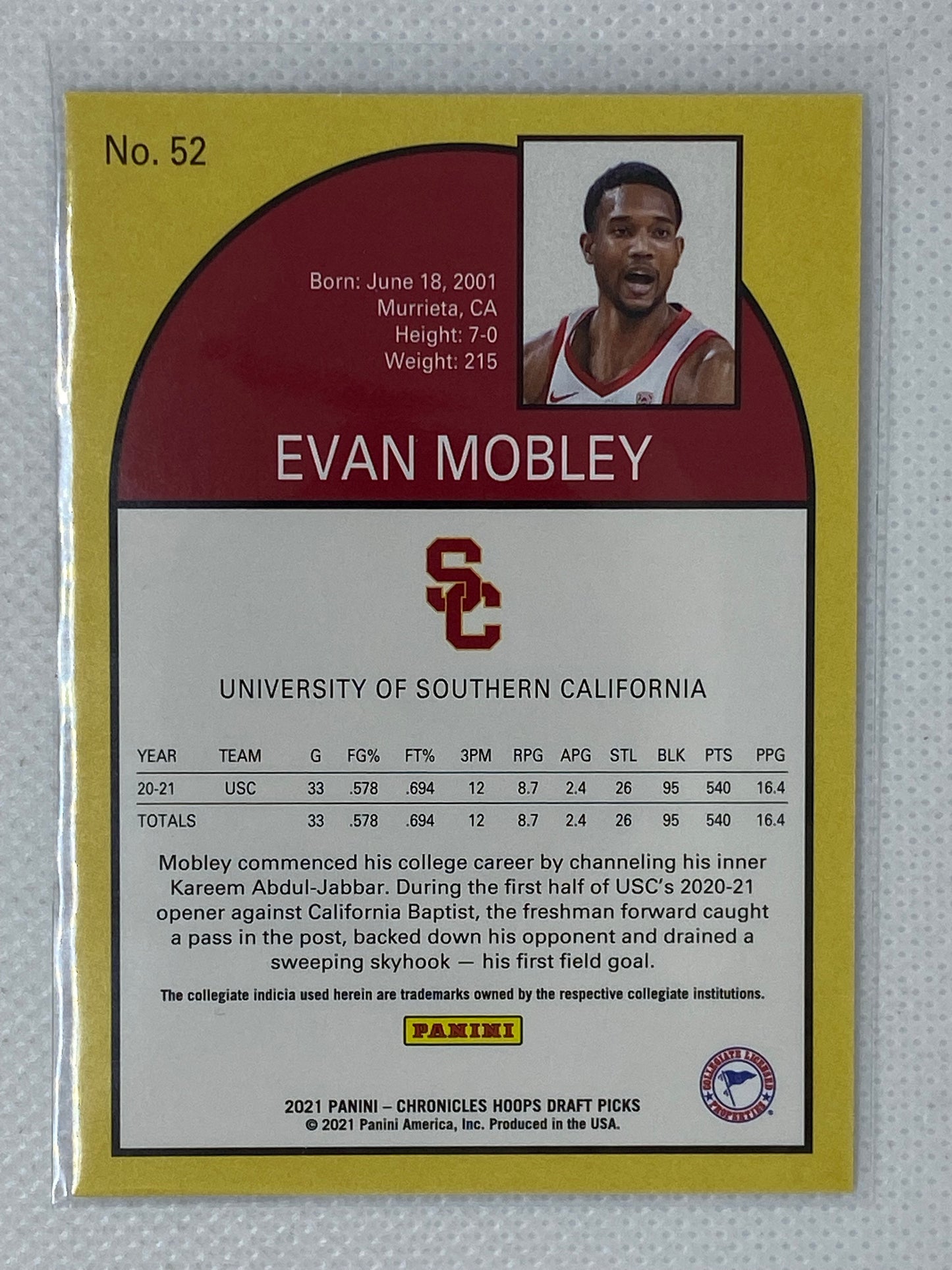2021-22 Panini Chronicles Draft Picks Evan Mobley NBA Hoops Tribute RC #52